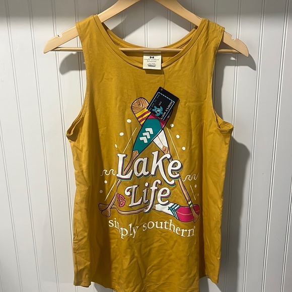 Simply Southern Women's Lake Life Graphic Tank Top Mustard NWT Sz MEDIUM - Picture 1 of 5